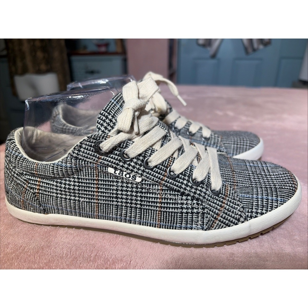 Taos Star Shoes Women's 7.5 Black White Herringbone Low Lace Up Sneakers Comfort